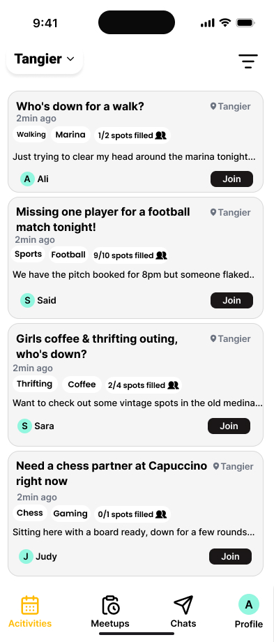 Chabiba app screenshot — activity feed